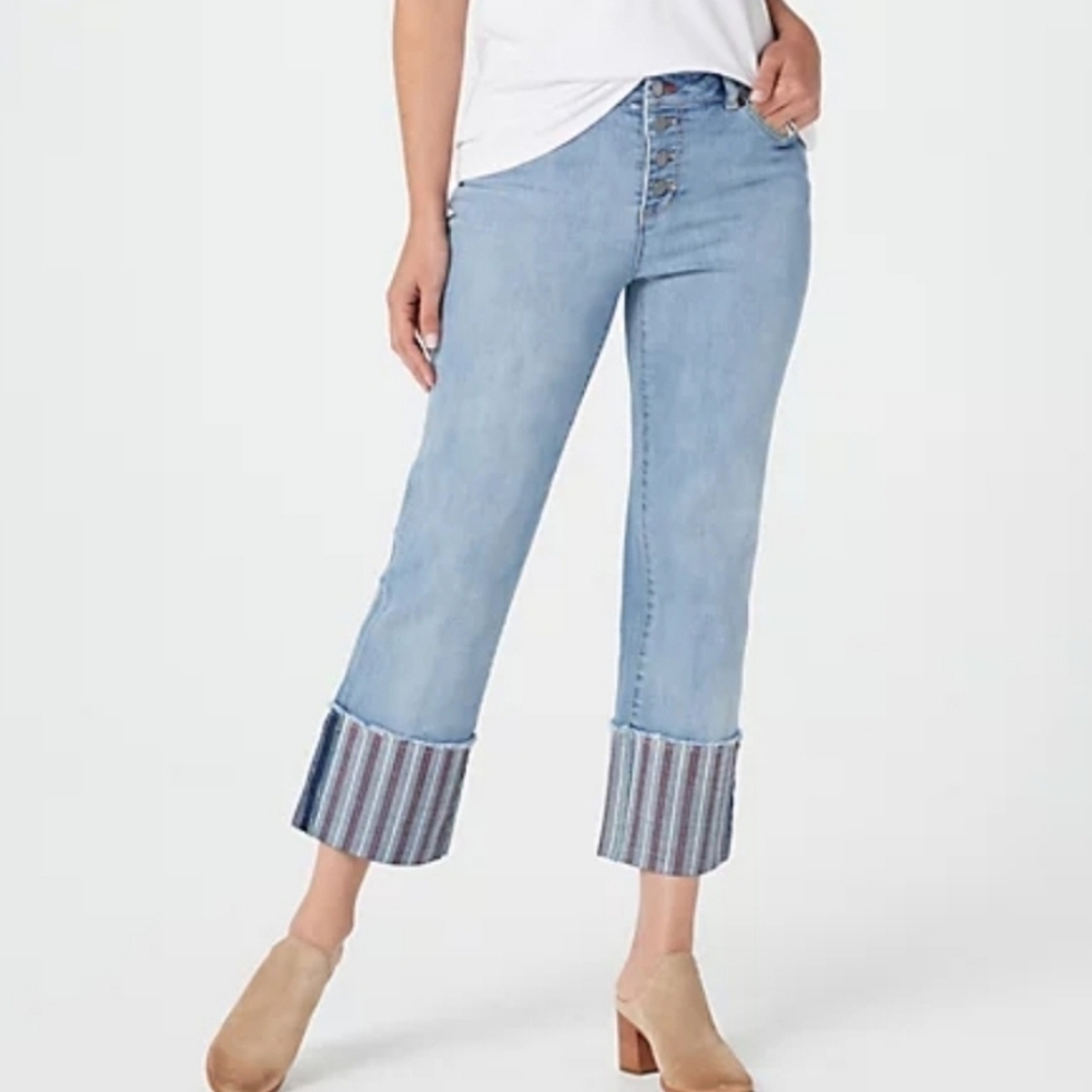 Peace Love World Red and Blue Striped Cuff Wide Leg Jeans US16 (7911)